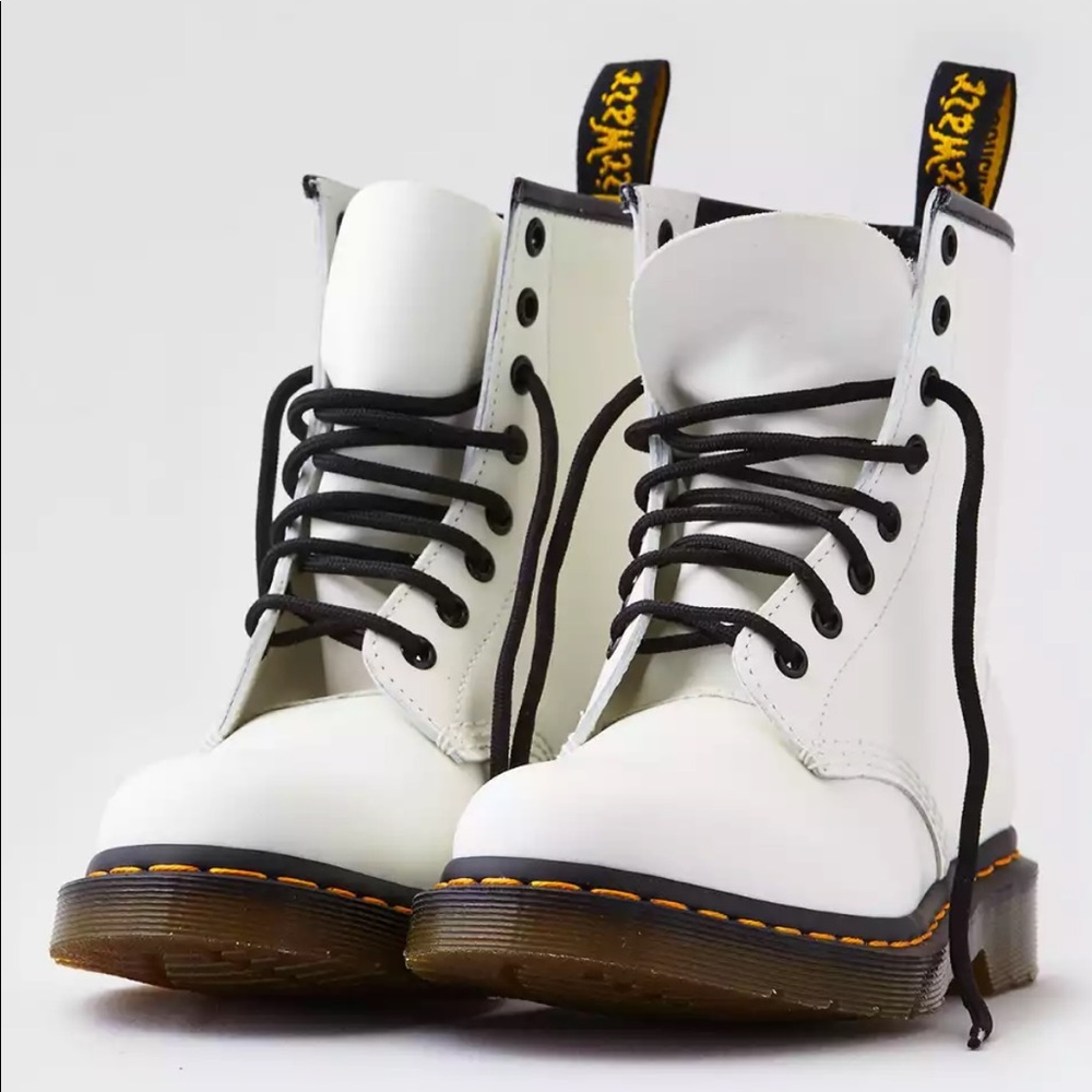 Dr. Martens White Leather Combat Boots with Black Laces